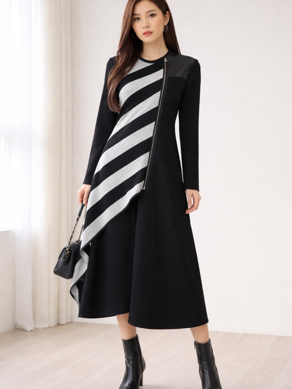 METAMORPHOZA  Black Trench dress coat  with Gray Stripe Panel - Picture 12 of 16